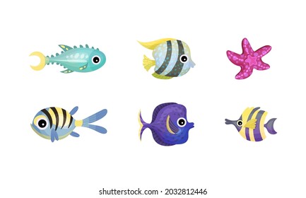 Marine Animals with Striped Fish and Starfish Vector Set