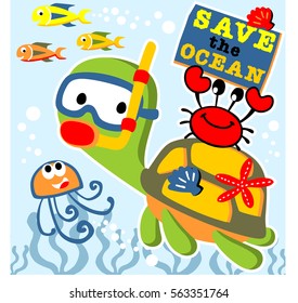 Marine animals undersea with campaign banner, vector cartoon illustration