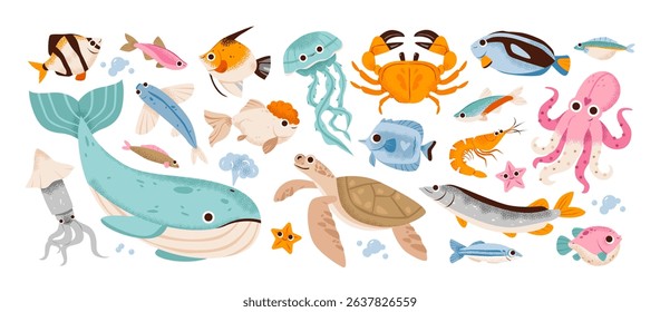 Сute marine animals. Underwater animal for kids with whale, turtle, jellyfish and squid. Sea creatures in a flat vector style, ocean wildlife, eco-friendly.
