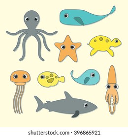 Marine Animals. Underwater Cartoon Character Stickers. Vector illustration.