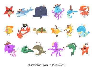 Marine Animals And Underwater Wildlife With Pirate Accesories And Attributes Set Of Comic Cartoon Characters