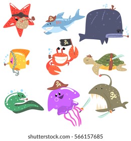 Marine Animals And Underwater Wildlife With Pirate Accesories And Attributes Set Of Comic Cartoon Characters