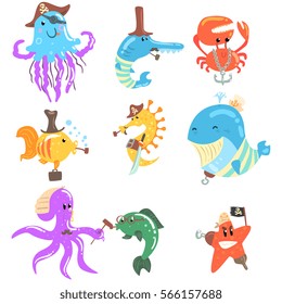 Marine Animals And Underwater Wildlife With Pirate And Sailor Accessories And Attributes Set Of Comic Cartoon Characters