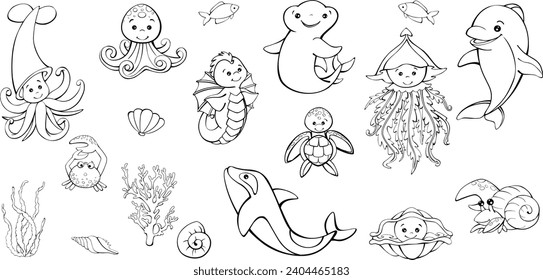 marine animals , vector monochrome drawing, cartoon style, for children's coloring books, and decor.