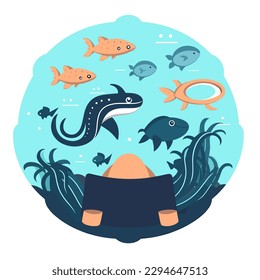 marine aquarium, aquatic reserve, ocean life, cartoon vector illustration. label, sticker, t-shirt printing