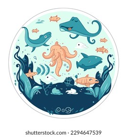 marine aquarium, aquatic reserve, ocean life, cartoon vector illustration. label, sticker, t-shirt printing