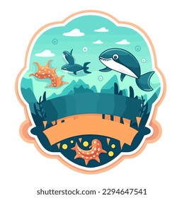 marine aquarium, aquatic reserve, ocean life, cartoon vector illustration. label, sticker, t-shirt printing