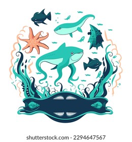 marine aquarium, aquatic reserve, ocean life, cartoon vector illustration. label, sticker, t-shirt printing