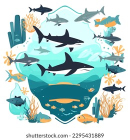 marine aquarium, aquatic reserve, ocean life, cartoon vector illustration. label, sticker, t-shirt printing