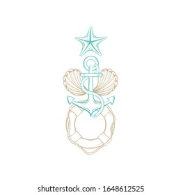 Marine art design, vector gold line seashell, ship anchor with rope, starfish and buoy abstract symbol. Nautical line art style sketch drawing in turquoise and gold etching for t-shirt print