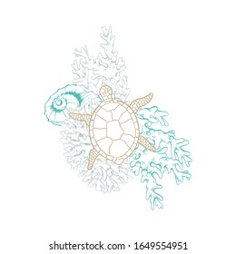 Marine art line design, vector sea turtle in mosaic style, sketch corals and starfish. Ocean and sea water life, tropical paradise and nautical line drawing composition in gold and turquoise color