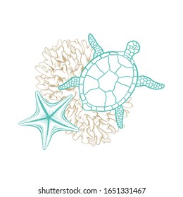 Marine art line design, vector sea turtle in mosaic style, sketch corals and starfish. Ocean and sea water life, tropical paradise and nautical line drawing composition in gold and turquoise color