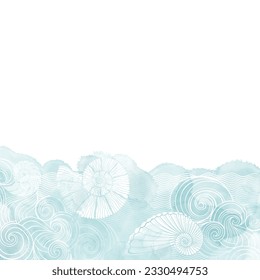 Marine art templates.  Vector illustration with waves, shells on a blue watercolor splash. For cards, flyer, poster, banner, brochure, email header, post in social networks, advertising, events.