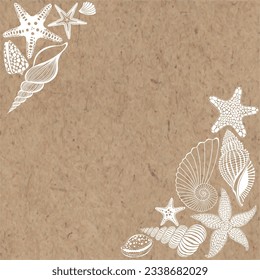 Marine art templates.  Vector illustration with starfish, shells on kraft paper. For cards, flyer, poster, banner, brochure, post in social networks, advertising, events and page cover.