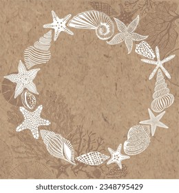 Marine art templates. Vector round frame with hand-drawn sea creatures, shells, starfish, corals, seaweed on kraft paper. For cards, flyer, poster, banner, brochure, post in social networks.