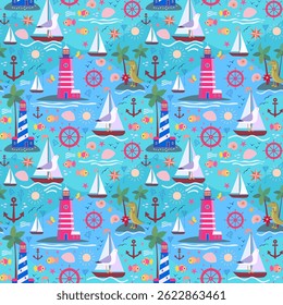 Marine baby fabric print in cartoon style. Nautical seamless pattern with sailboats, seagulls, crocodile, anchors, lighthouse, steering wheels, sea shells, starfish and sun on a blue background.