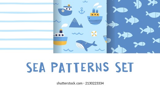 Marine baby pattern set for textile. Cute sea blue print collection for fabric. Seamless vector pattern bundle.