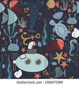 Marine baby seamless pattern with cute marine life