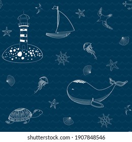 Marine baby seamless pattern with cute marine life