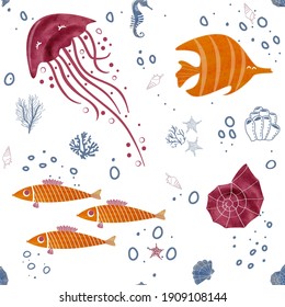 Marine baby seamless pattern with cute marine life