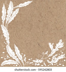 Marine background with algae and place for text. Vector illustration on a kraft paper.