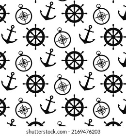 Marine Background. Anchor, Compass, Ship's Rudder. Vector Illustration.