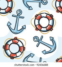 Marine background with anchor and lifebuoy