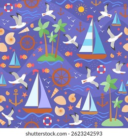 Marine background in cartoon style. Nautical seamless print for children's fabric with sailboats, seagulls, anchors, lifebuoy, steering wheels, sea shells, starfish and sun on a blue background. 