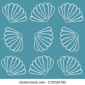 Marine background of clams. Drained by hand. On a blue background with the possibility of change. For paper, fabric and wallpaper.