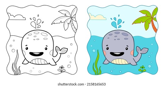 Fondo marino. Libro de colorear o página de colorear para niños. Clipart de ilustración de vector de ballena