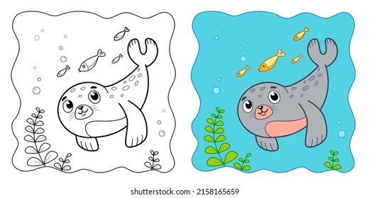 Marine background. Coloring book or Coloring page for kids. Seal vector illustration clipart