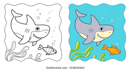 Marine background. Coloring book or Coloring page for kids. Shark vector illustration clipart