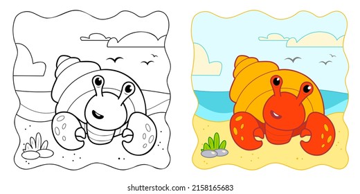 Marine background. Coloring book or Coloring page for kids. Cancer hermit vector illustration clipart