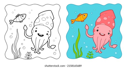 Marine background. Coloring book or Coloring page for kids. Squid vector illustration clipart