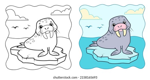 Fondo marino. Libro de colorear o página de colorear para niños. Clipart de ilustración vectorial de Walrus