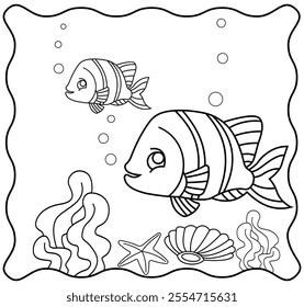 Marine background. Coloring book or Coloring page for kids. Fish vector illustration clipart