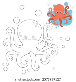 Marine background. Coloring book or Coloring page for kids. Octopus vector illustration clipart