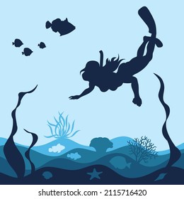 Marine background with a diving girl, corals and fish. Isolated vector objects.