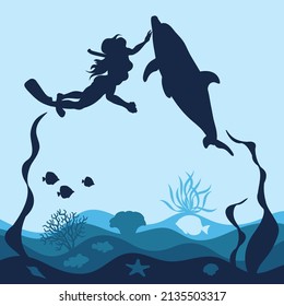 Marine background with a diving girl, dolphin, corals and fish. Isolated vector objects.