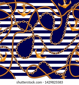 Marine background for fabric, anchors and gold chains