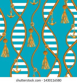 Marine background for fabric, anchors and gold chains