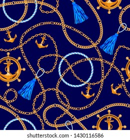 Marine background for fabric, anchors and gold chains