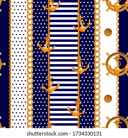 Marine background for fabric, anchors and gold chains. Seamless pattern. Vector image.