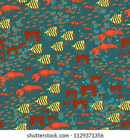 Marine background with fish, crab, algae and shrimps. Seamless pattern with wonderful sea life. 