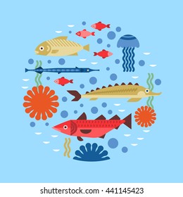 Marine background with fish icons in vector. 
