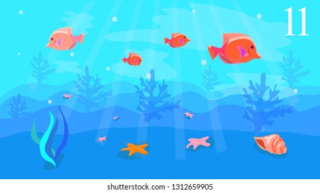 Marine background with fish, marine life, in the vector, designed for cards, banners, children's books, animation