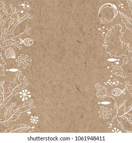 Marine background with fishes and plants.  Vector illustration with place for text on a kraft paper. Invitation, greeting card or an element for your design.