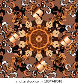 Marine background with flowers, seashells, mandalas and watercolor effect. Seamless pattern ethnic design. Textile print for bed linen, jacket, package design, fabric and fashion concepts.