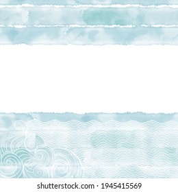 Fondo marino con olas dibujadas a mano y acuarela azul . La ilustración vectorial con espacio para texto, se puede utilizar para crear tarjeta o tarjeta de invitación. Resumen de antecedentes artísticos.