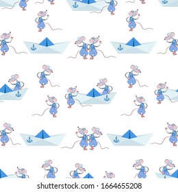 Meereshintergrund. Mouse Sailor. Vektorillustration mit lustigem Charakter mit Papierboot einzeln auf weißem Hintergrund für Textilien, Babydruck.	